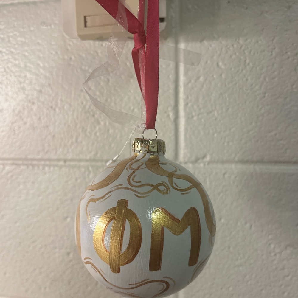 Phi Mu Hand Painted Gold and White Holiday Ornament